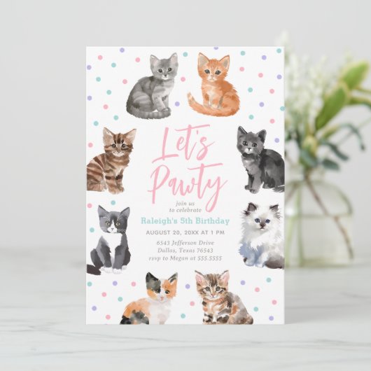 Invitation Kitten Cat Let's Pawty Anniversaire (Debout devant)