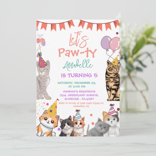 Invitation Kitten Cat Let's Pawty Anniversaire (Debout devant)