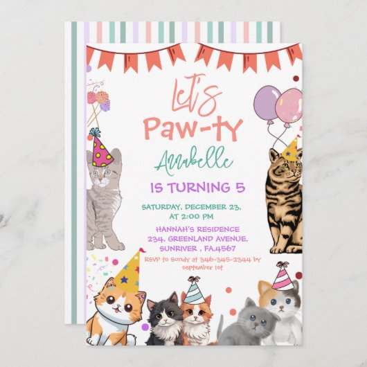 Invitation Kitten Cat Let's Pawty Anniversaire (Devant / Derrière)