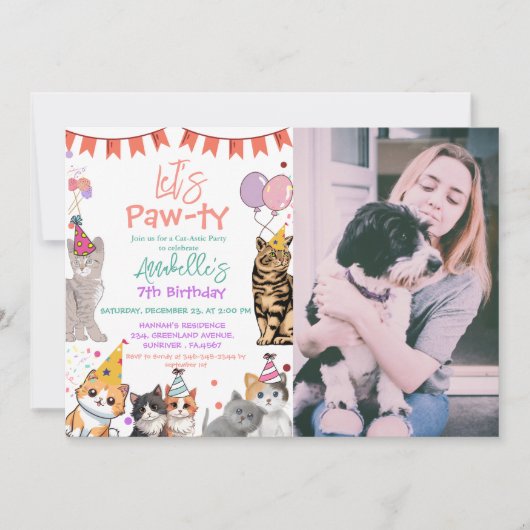 Invitation Kitten Cat Let's Pawty Anniversaire (Devant)