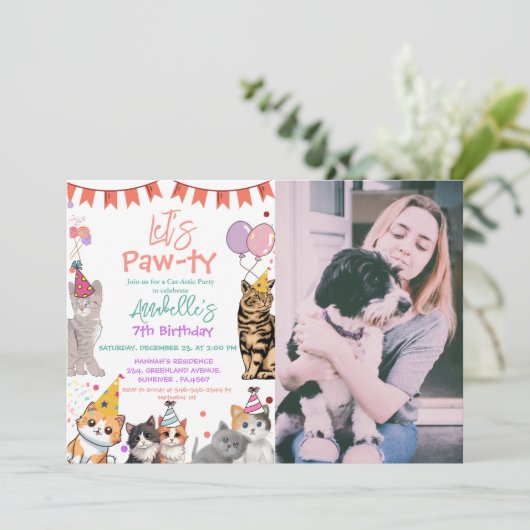 Invitation Kitten Cat Let's Pawty Anniversaire (Debout devant)