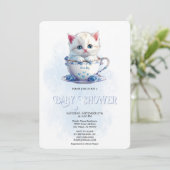 Invitation Kitten en Coupe Fleurs Bleues Baby shower Invitati (Debout devant)