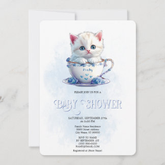 Invitation Kitten en Coupe Fleurs Bleues Baby shower Invitati