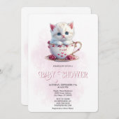 Invitation Kitten en Coupe Fleurs roses Baby shower Invitatio (Devant / Derrière)