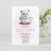 Invitation Kitten en Coupe Fleurs roses Baby shower Invitatio (Debout devant)