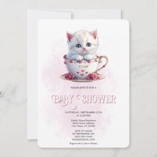 Invitation Kitten en Coupe Fleurs roses Baby shower Invitatio (Devant)