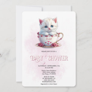 Invitation Kitten en Coupe Fleurs roses Baby shower Invitatio