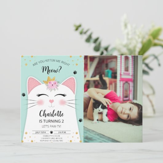 Invitation Kitten Meow Birthday Photo verte (Debout devant)