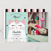 Invitation Kitten Meow Birthday Photo verte (Devant / Derrière)