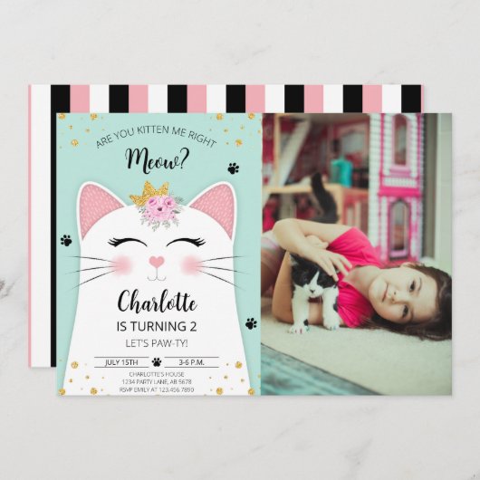Invitation Kitten Meow Birthday Photo verte (Devant / Derrière)