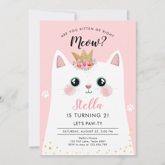 Invitation Kitten Meow Couronne rose Fille Kitty Chat Anniver (Devant)
