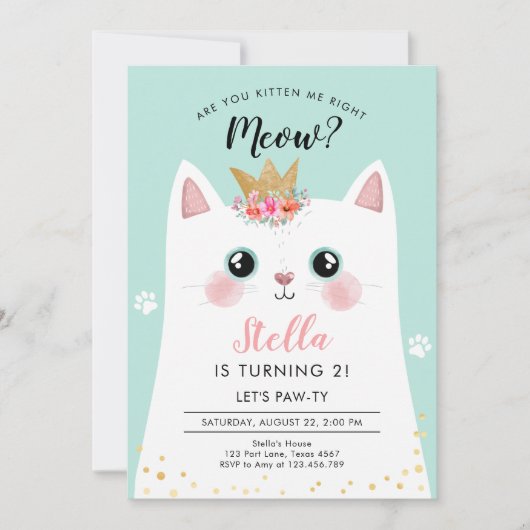 Invitation Kitten Meow Couronne Turquoise fille Kitty Chat An (Devant)