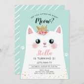 Invitation Kitten Meow Couronne Turquoise fille Kitty Chat An (Devant / Derrière)