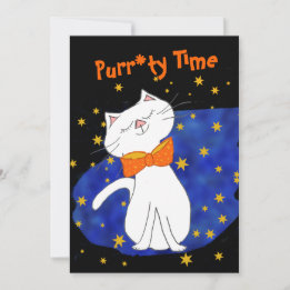 Invitation Kitty Chat Bleu étoile Nuit avec étoiles d'or