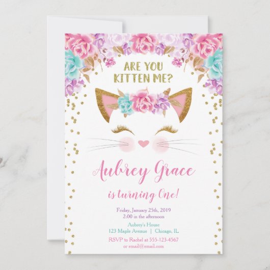 Invitation Kitty chat chaton chaton rose or parties scintilla (Devant)