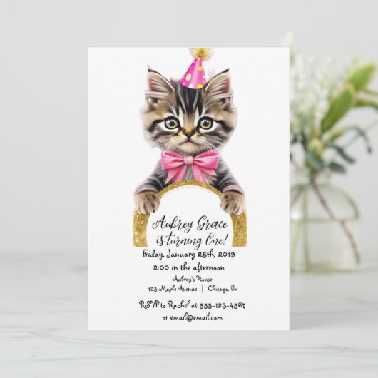Invitation Kitty chat chaton chaton rose or parties scintilla (Debout devant)