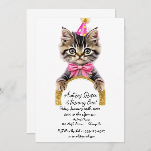 Invitation Kitty chat chaton chaton rose or parties scintilla (Devant / Derrière)