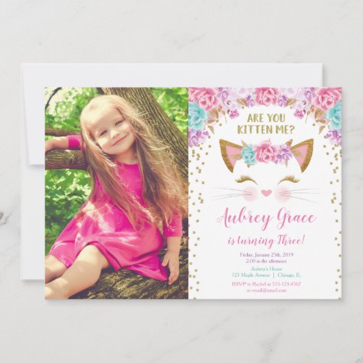 Invitation Kitty chat chaton chaton rose or parties scintilla (Devant)