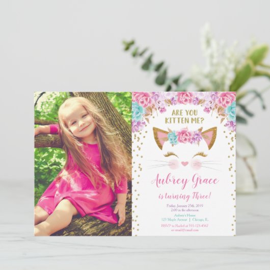 Invitation Kitty chat chaton chaton rose or parties scintilla (Debout devant)