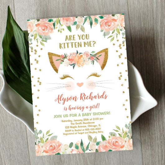 Invitation Kitty chat chaton chatte crème pêche fille baby sh