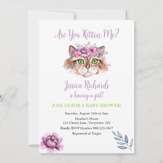 Invitation Kitty chat chaton rose violet fille baby shower (Devant)
