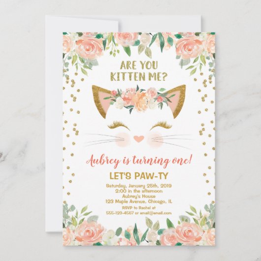 Invitation Kitty chat chatte crème pêche fille fête d'anniver (Devant)