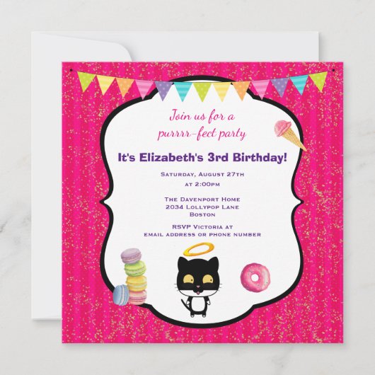 Invitation Kitty Chat Et Crème De Glace Anniversaire Invitati (Devant)