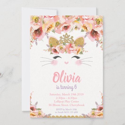 Invitation Kitty Chat fête d'anniversaire Princesse Kitty (Devant)
