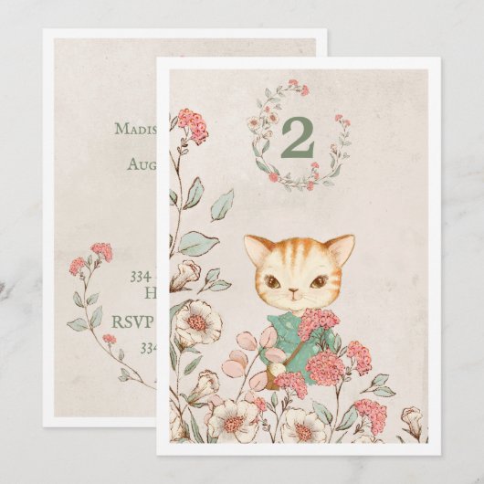 Invitation Kitty Chat Floral Girly Kitten 2e anniversaire (Devant / Derrière)