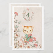Invitation Kitty Chat Floral Girly Kitten 4e anniversaire (Devant / Derrière)