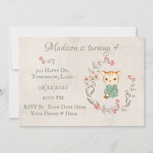 Invitation Kitty Chat Floral Girly Kitten fête d'anniversaire (Devant)