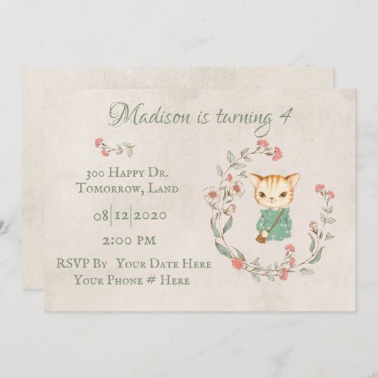 Invitation Kitty Chat Floral Girly Kitten fête d'anniversaire (Devant / Derrière)