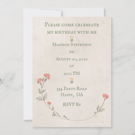 Invitation Kitty Chat Floral Girly Kitten fête d'anniversaire (Dos)