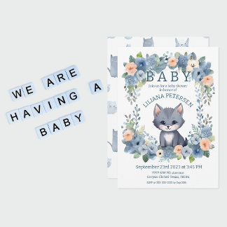 Invitation Kitty Chat Kitten Pastel Blue Boy Baby shower
