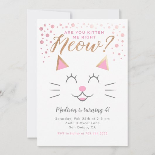 Invitation Kitty Chat rose or fête d'anniversaire (Devant)