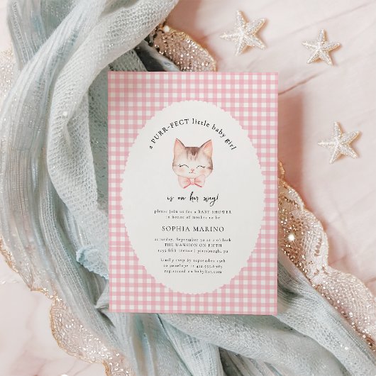 Invitation Kitty Chat rose Purr-fect Baby shower bébé fille