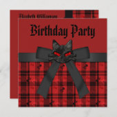 Invitation Kitty noir et crânes noirs et anniversaire rouge (Devant / Derrière)