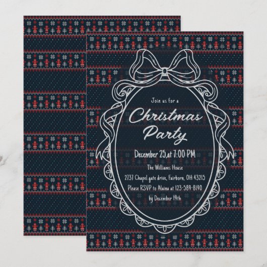 Invitation Knitted Christmas Pattern Bow Frame Holiday Party (Devant / Derrière)