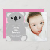 Invitation Koala Baby shower fille (Devant / Derrière)