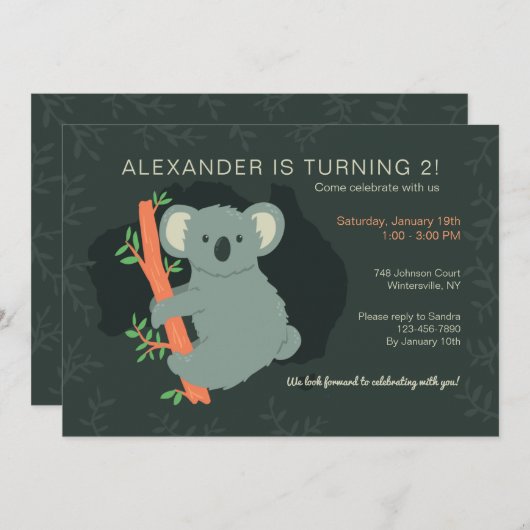 Invitation Koala Bear fête d'anniversaire (Devant / Derrière)