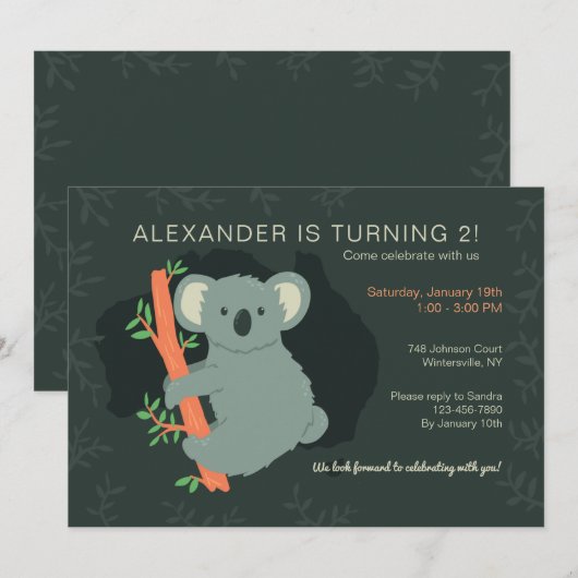 Invitation Koala Bear fête d'anniversaire (Devant / Derrière)