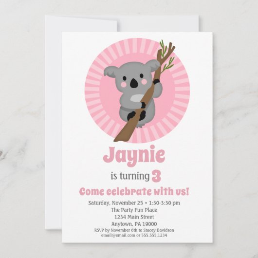 Invitation Koala Bear fête d'anniversaire rose (Devant)