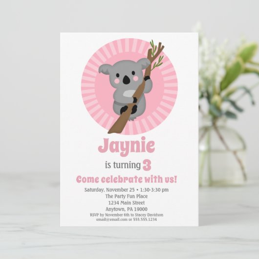 Invitation Koala Bear fête d'anniversaire rose (Debout devant)