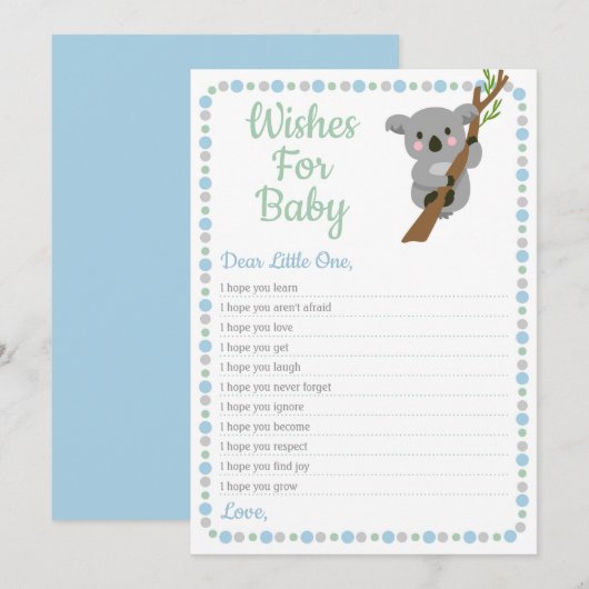 Invitation Koala Bear souhaite pour Baby shower Game Blue Boy (Devant / Derrière)