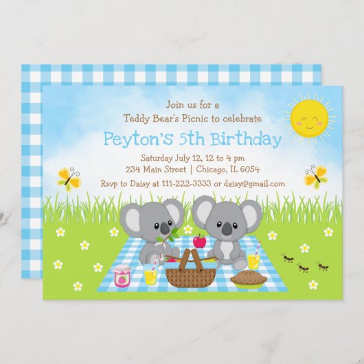 Invitation Koala Bear's Picnic Blue En vichy Anniversaire (Devant / Derrière)