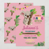 Invitation Koala Cute Girls Party Anniversaire rose (Devant / Derrière)
