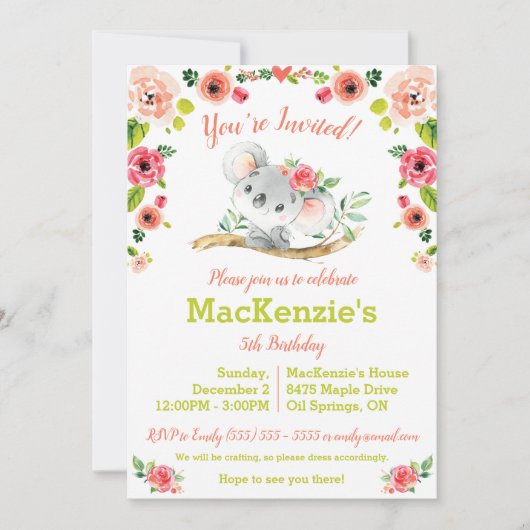 Invitation Koala et Floral Anniversaire (Devant)