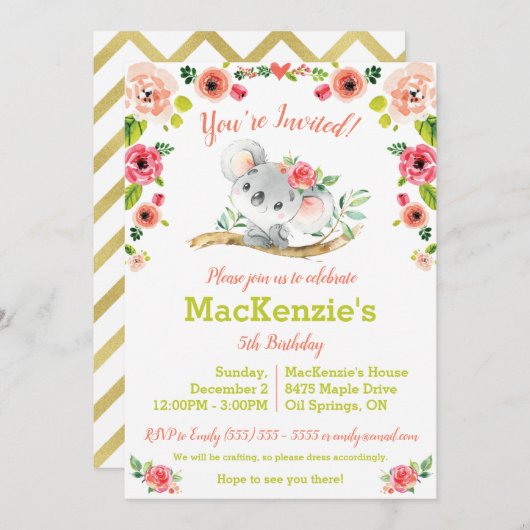 Invitation Koala et Floral Anniversaire (Devant / Derrière)