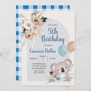 Invitation Koala et Pampas Grass bleu foncé fête d'anniversai