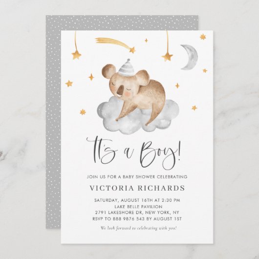 Invitation Koala Gray Sleeping Cute C'est un Baby shower garç (Devant / Derrière)